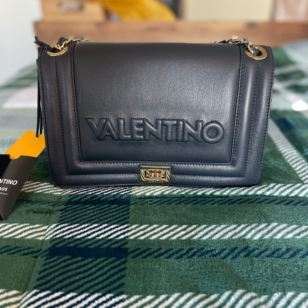 Mario Valentino Black Quilted Leather Shoulder Bag with Gold Hardware